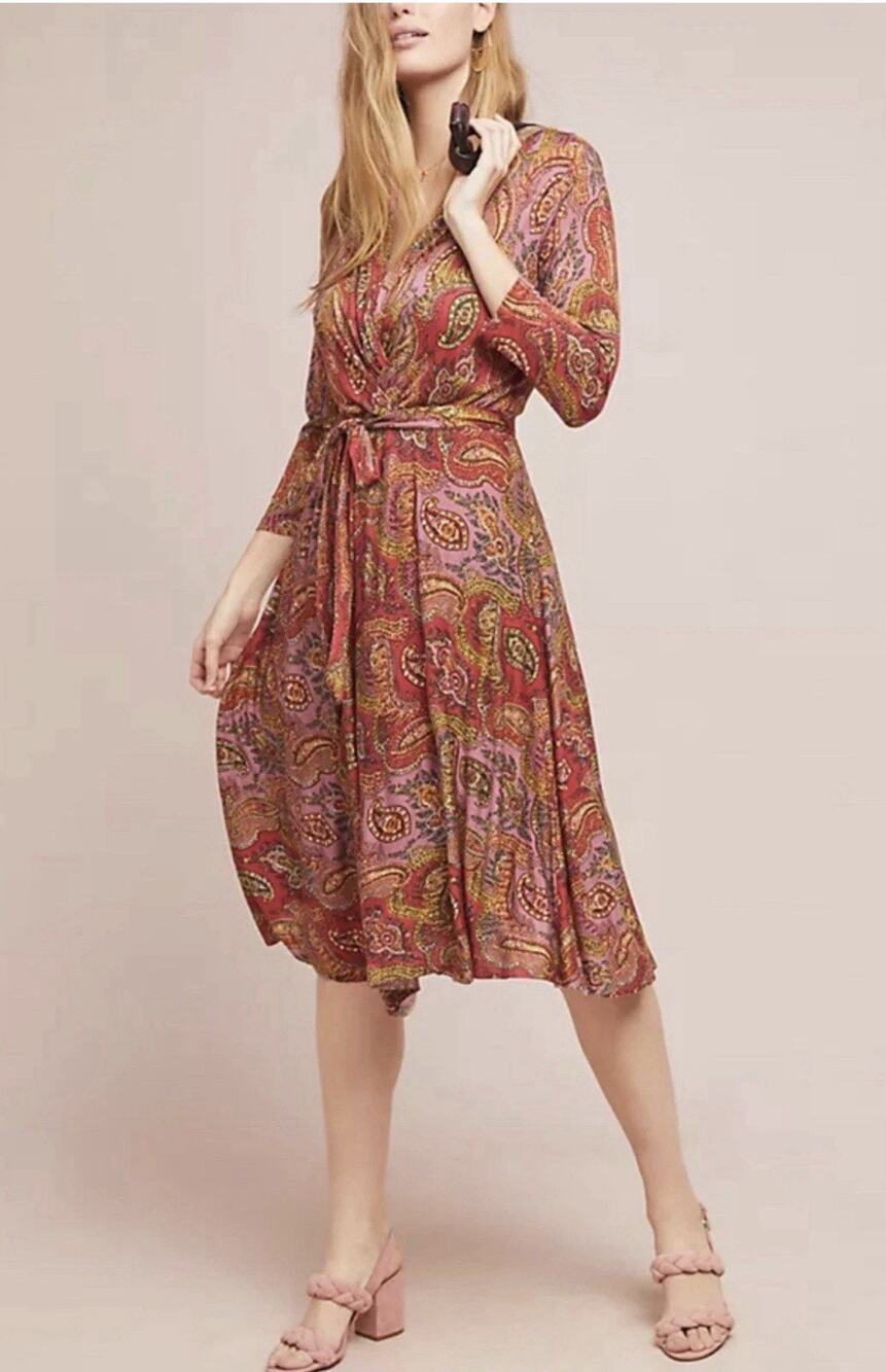 Maeve Anthropologie Wrap Dress Large Paisley Pink Red Faux Wrap Midi Viscose